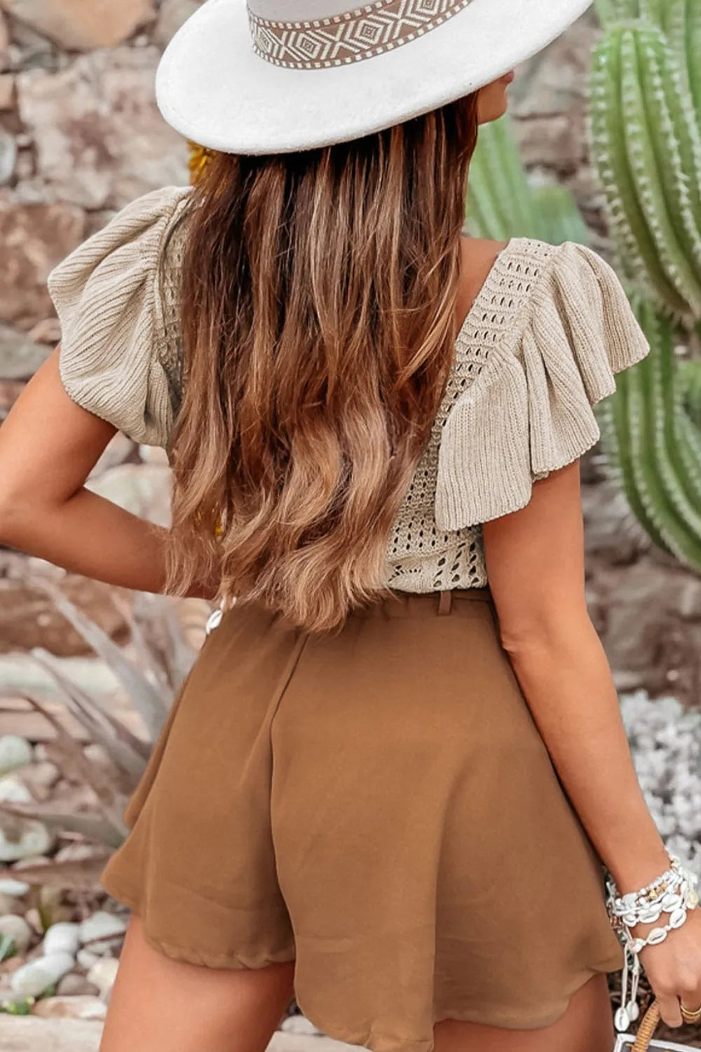 Openwork Ruffled Scoop Neck Knit Khaki Shirt Top - Tigbul's Variety Fashion Shop