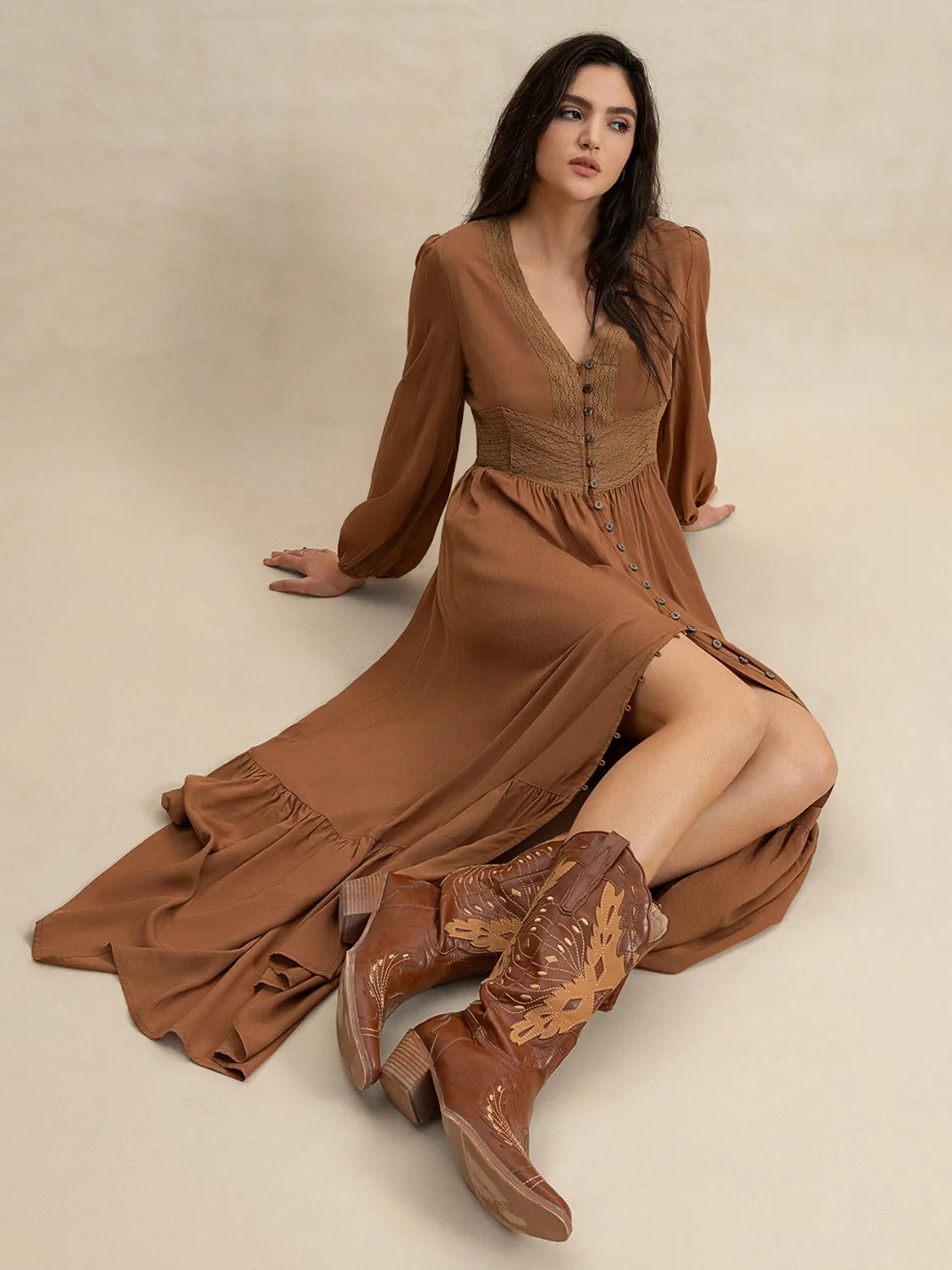 Brown Ruffled Hem V-Neck Balloon Sleeve Maxi Dress - Tigbul's Variety Fashion Shop