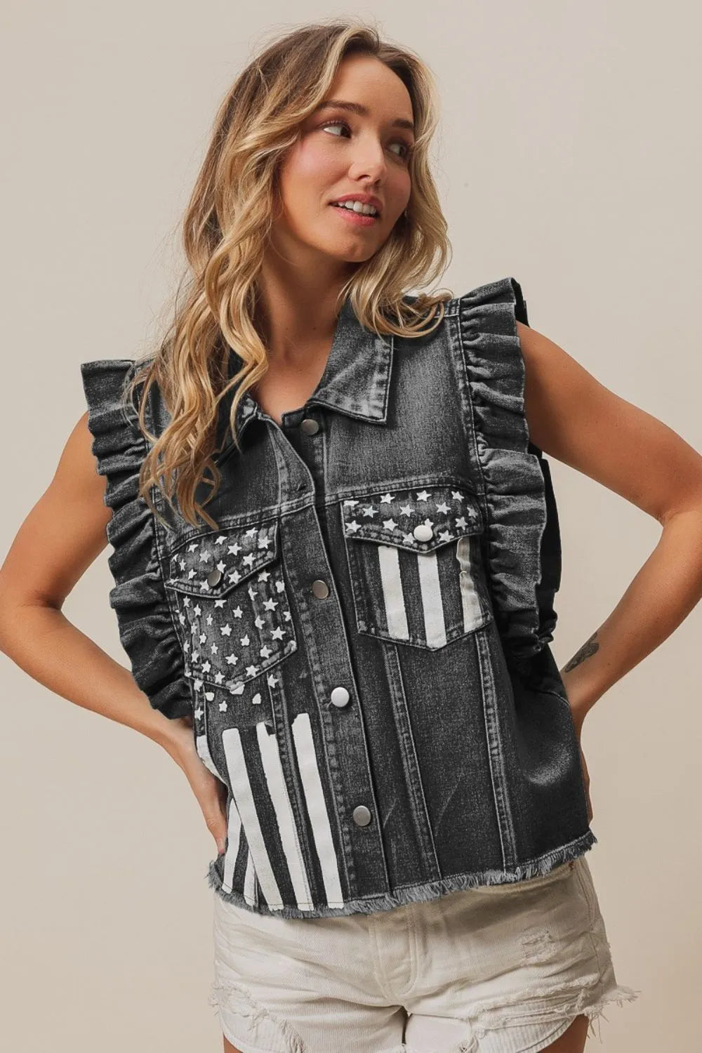 American Flag Washed Denim Jacket - Tigbul's Variety Fashion Shop
