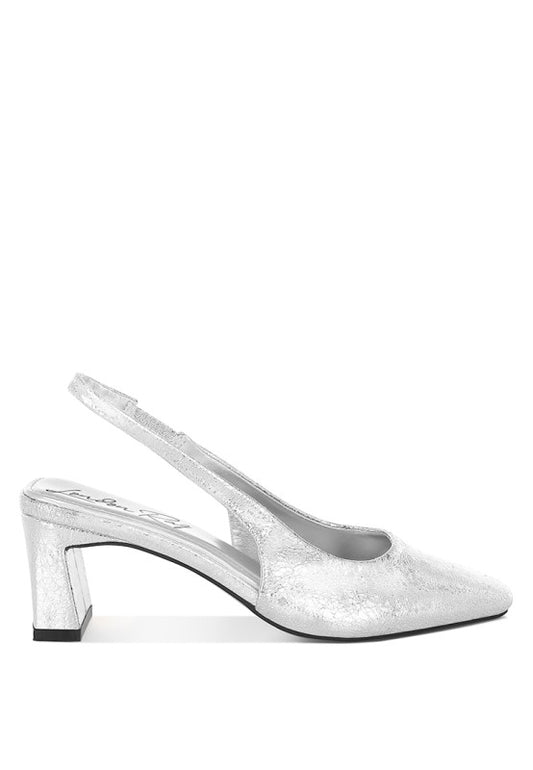 Amberin Crinkled Silver Metallic Square Toe Slingback Heels | Tigbuls