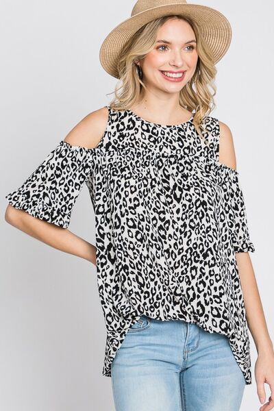 Ivory/Black Leopard Round Neck Cold Shoulder T-Shirt Plus Size - Tigbul's Variety Fashion Shop