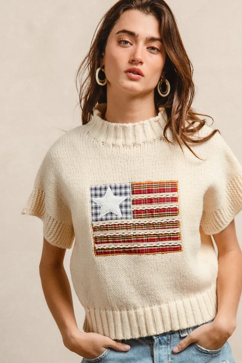 BiBi American Flag Patchwork Drop Shoulder Sweater - Tigbul's Variety Fashion Shop