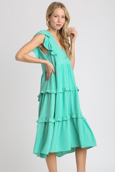 Green Ruffle Tiered Cap Sleeve Midi Dress - Tigbul's Variety Fashion Shop