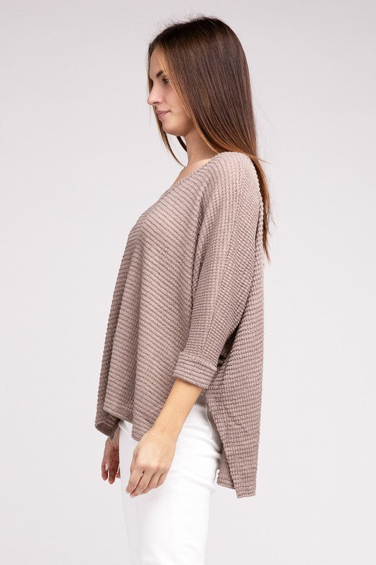 3/4 Sleeve V-Neck Hi-Low Hem Jacquard Sweater - Tigbul's Variety Fashion Shop