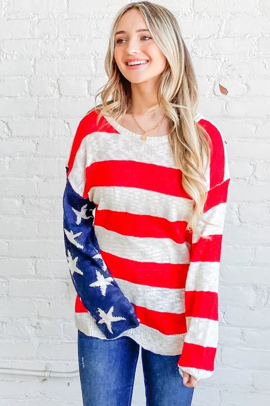 Red/Navy American Flag Long Sleeve Sweater - Tigbul's Variety Fashion Shop