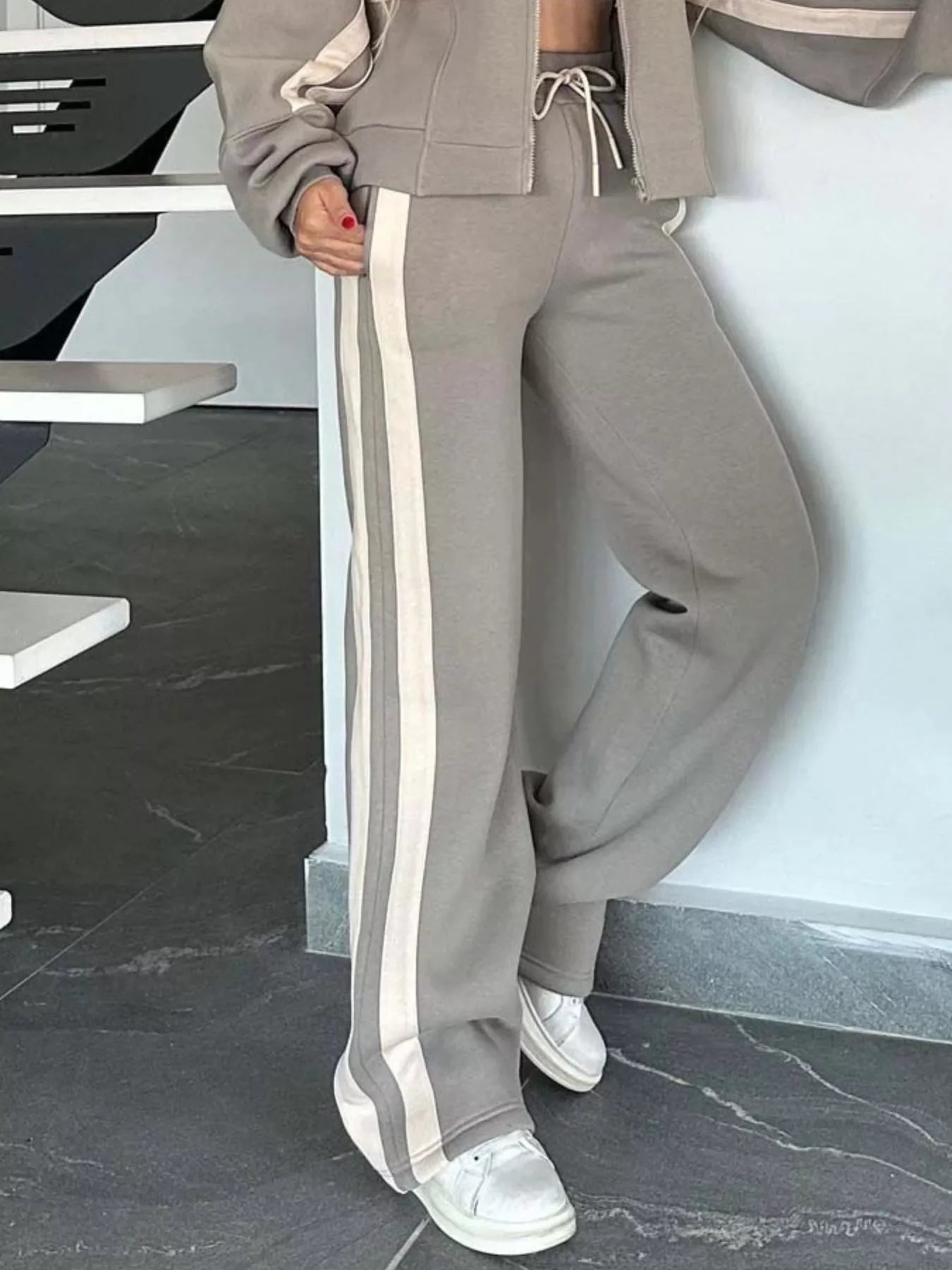 Full Size Contrast Stripe Zip Up Jacket and Pants Set Plus Size - Tigbul's Variety Fashion Shop