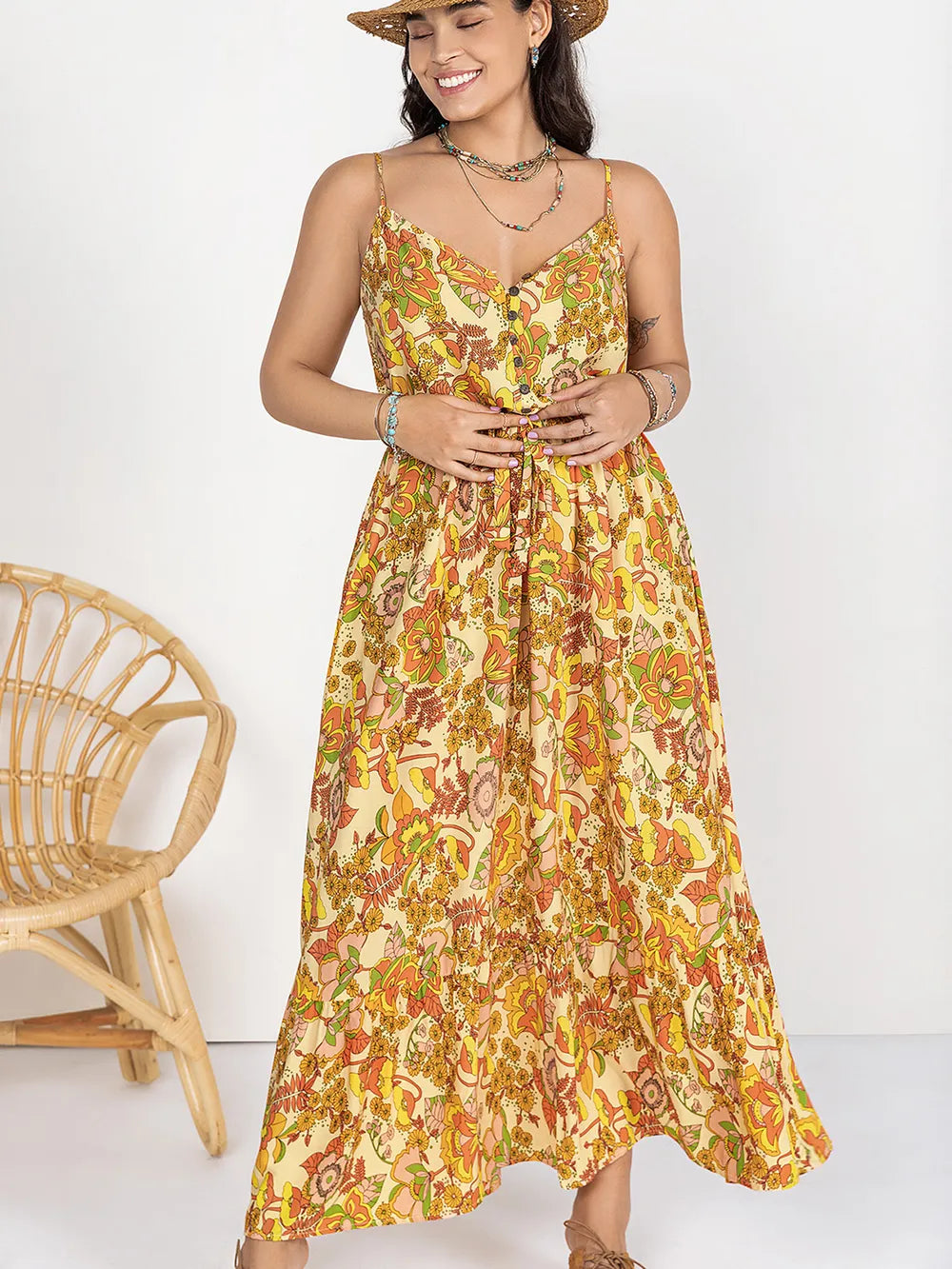 Plus Size Printed V-Neck Maxi Cami Dress - Tigbul's Variety Fashion Shop