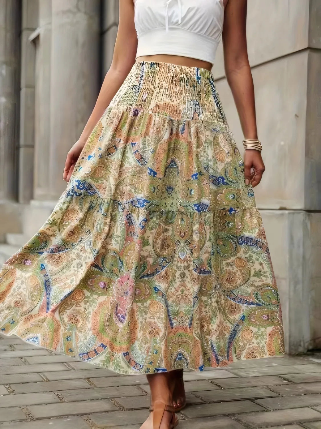 Smocked Printed High Waist Skirt - Tigbul's Variety Fashion Shop