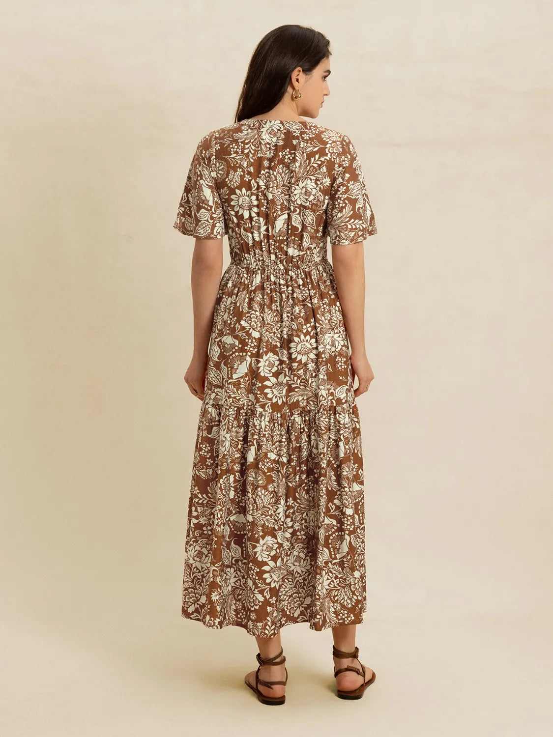 Brown Lace Detail Printed Short Sleeve Midi Dress - Tigbul's Variety Fashion Shop