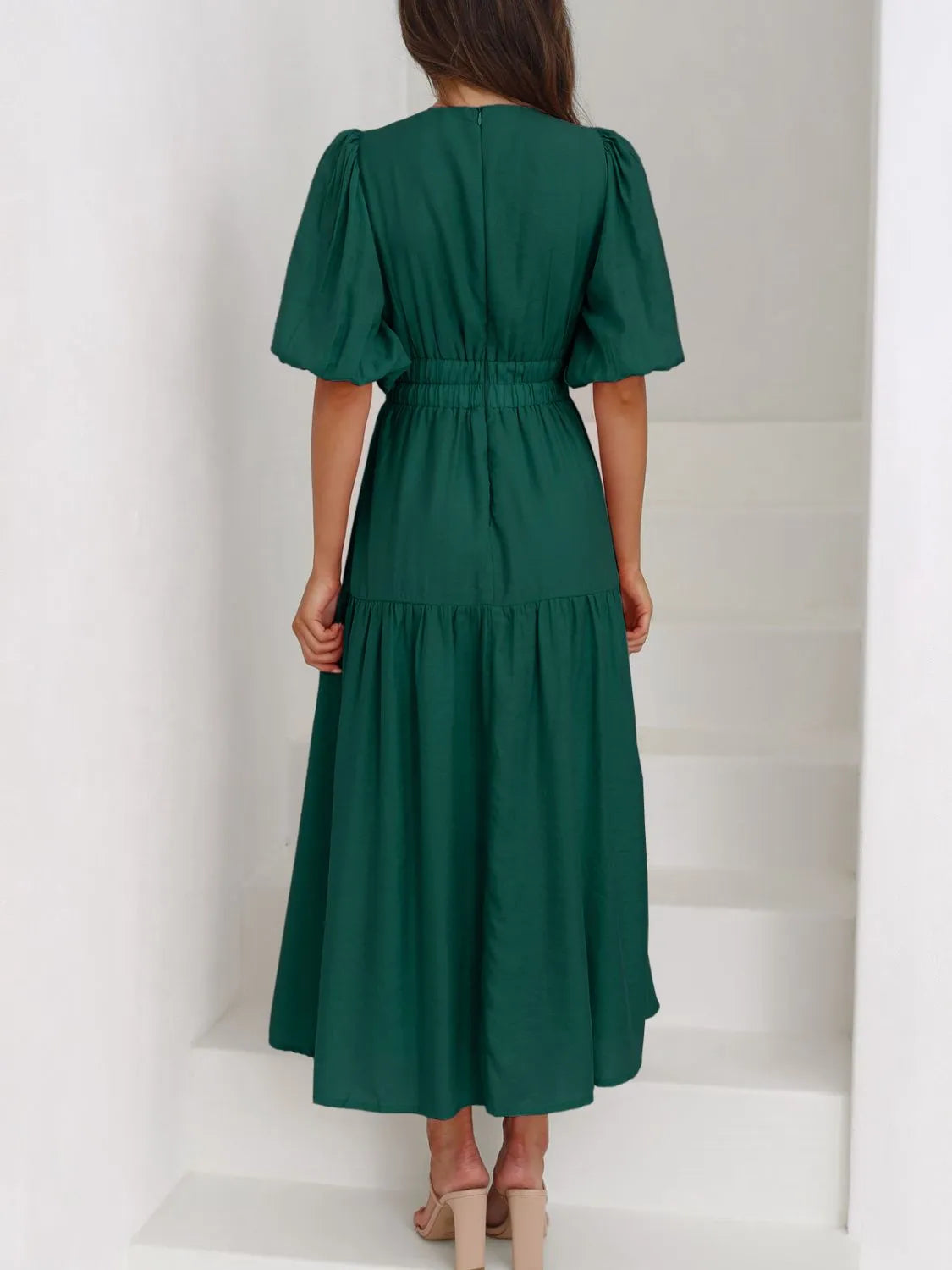 V-Neck Puff Sleeve Midi Dress - Tigbul's Variety Fashion Shop