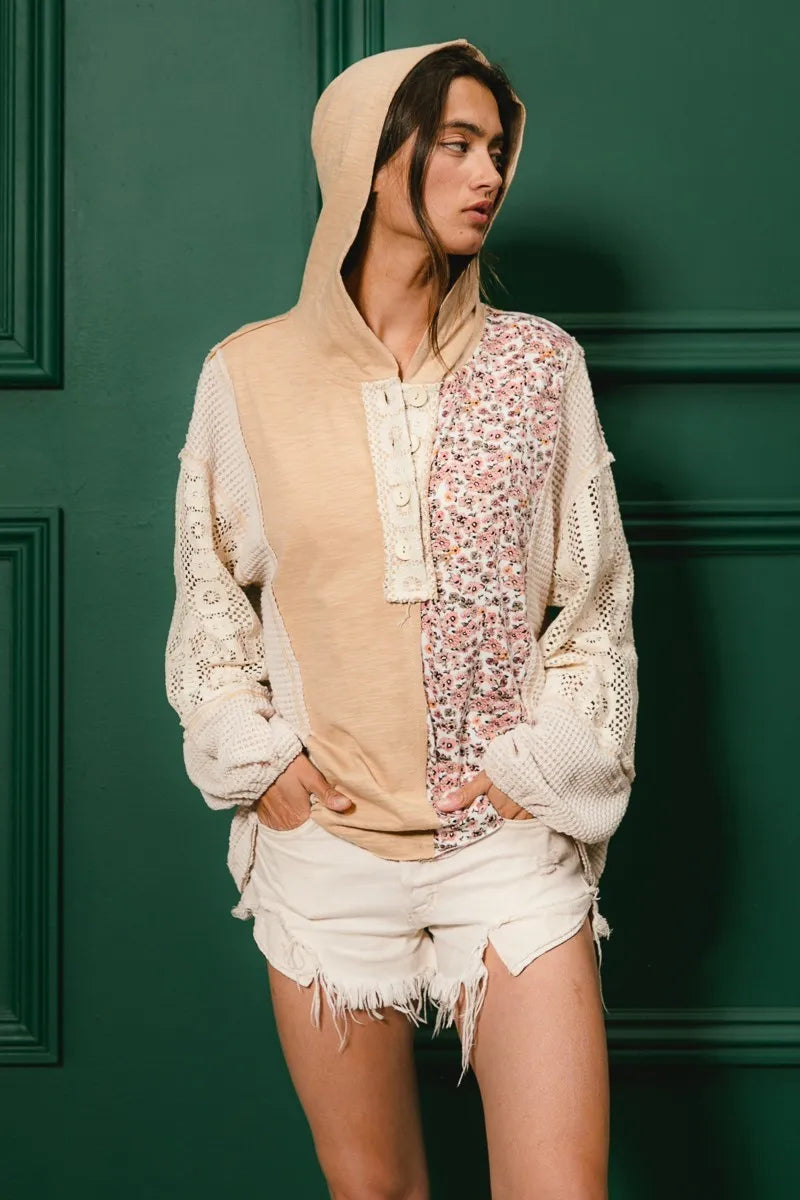 BiBi Slub Jersey with Lace Combo Buttoned Hoodie Top - Tigbul's Variety Fashion Shop