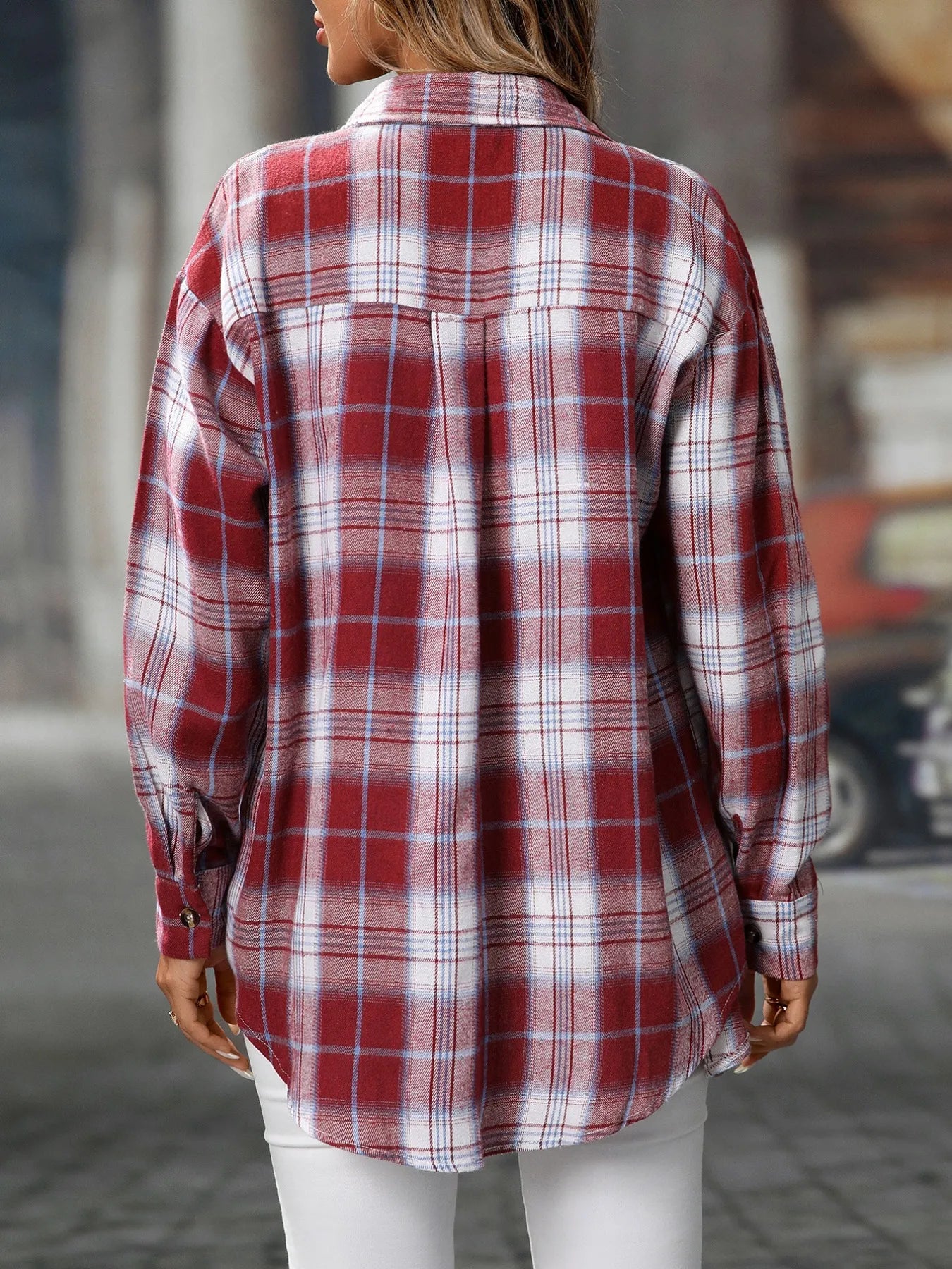 Plaid Button-Down Oversized Shirt - Tigbul's Variety Fashion Shop