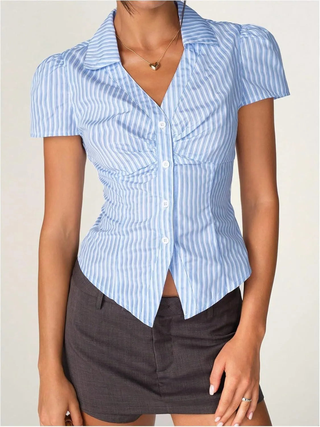 Striped Collared Neck Short Sleeve Shirt - Tigbul's Variety Fashion Shop