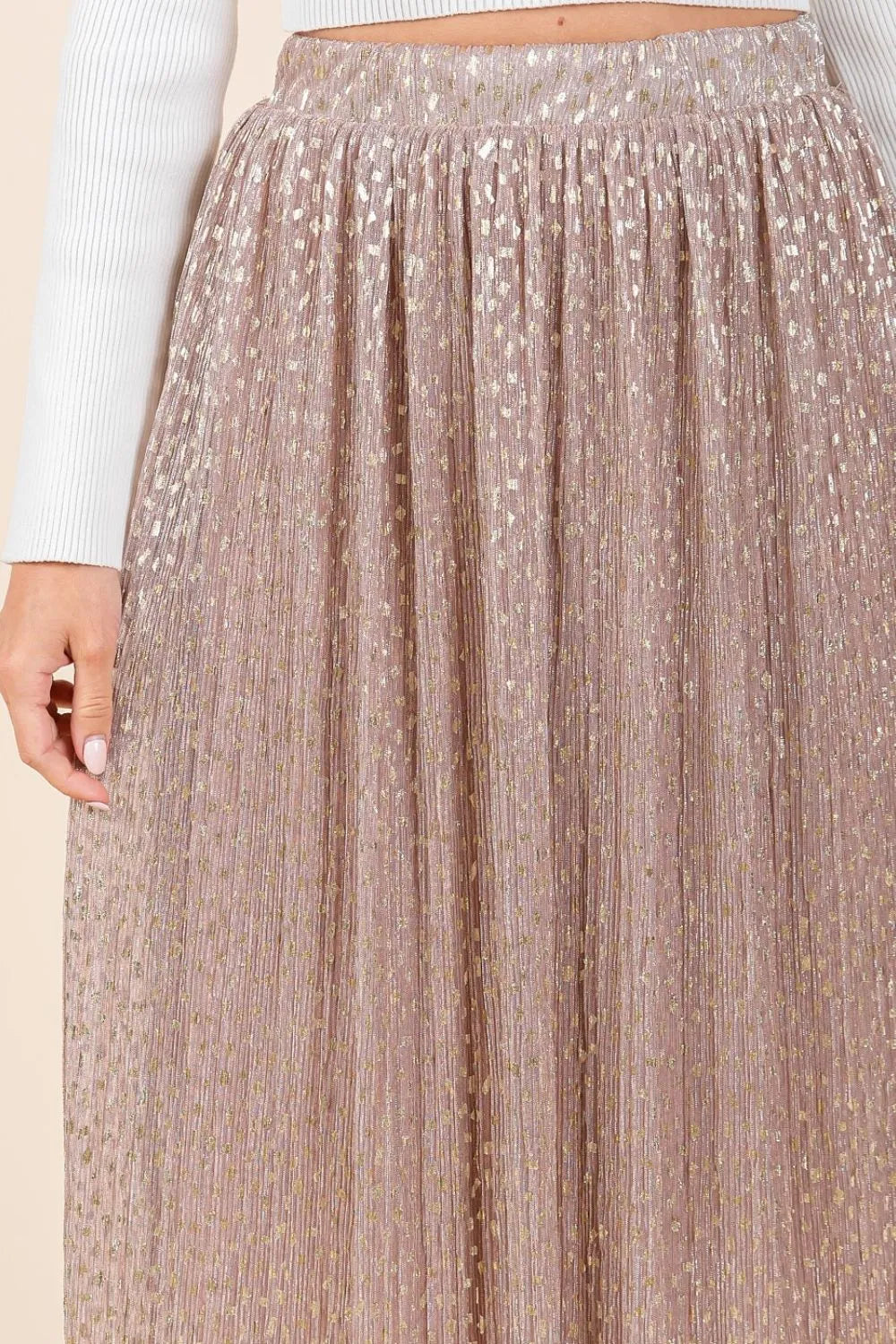 Pink Metallic Glitter Speckle Print Elastic Midi Skirt - Tigbul's Variety Fashion Shop