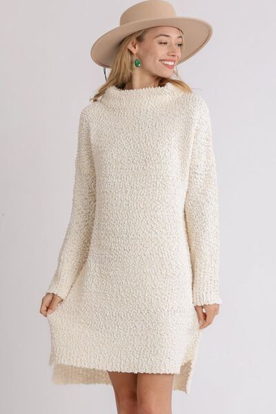 Cream Color Long Sleeve Boucle Sweater Dress - Tigbul's Variety Fashion Shop