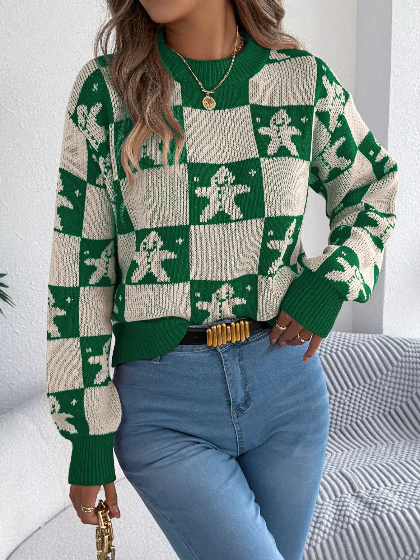 Christmas Checkerboard Gingerbread Round Neck Sweater - Tigbul's Variety Fashion Shop