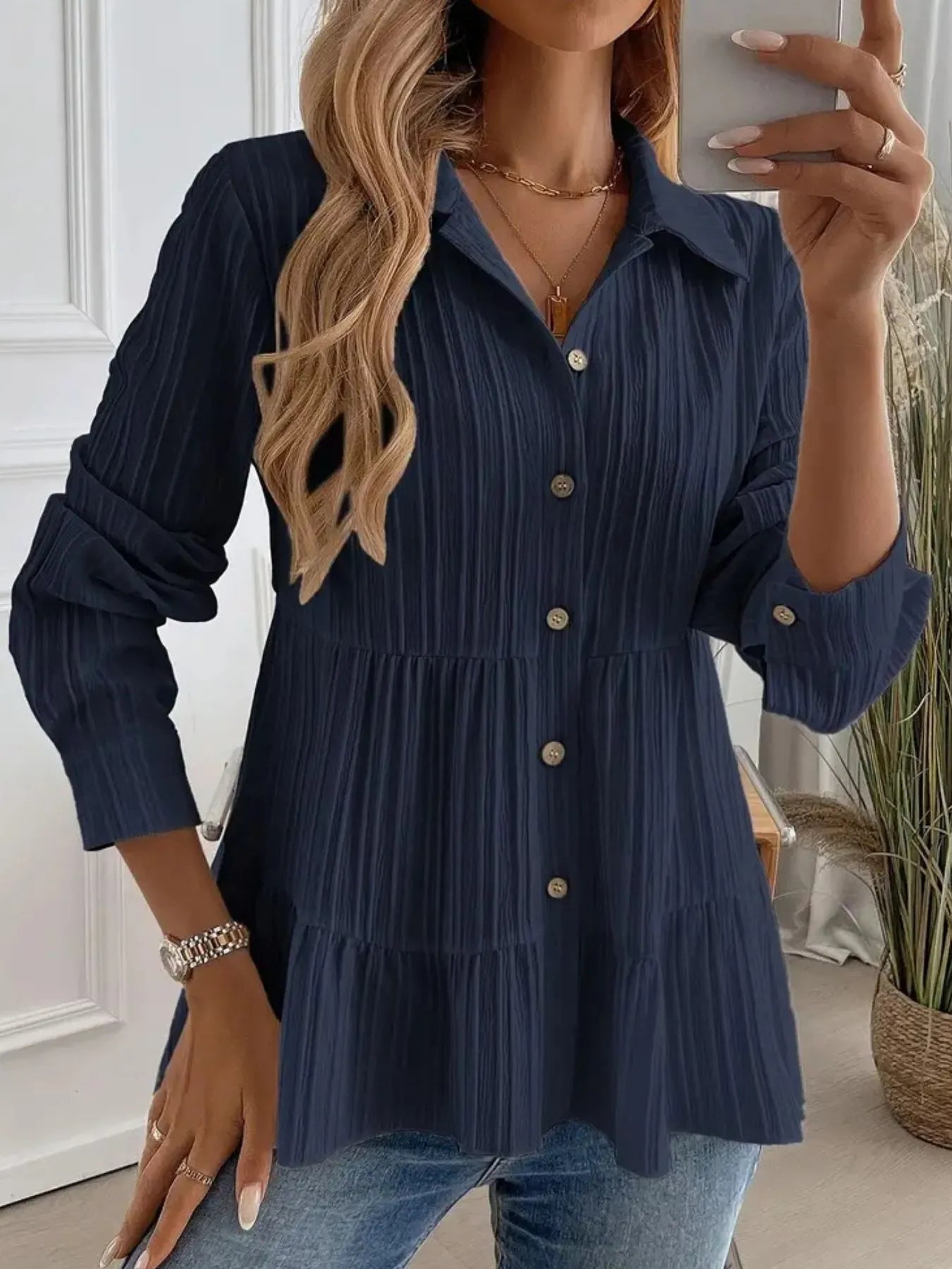 Striped Button-Down Tiered Shirt - Tigbul's Variety Fashion Shop