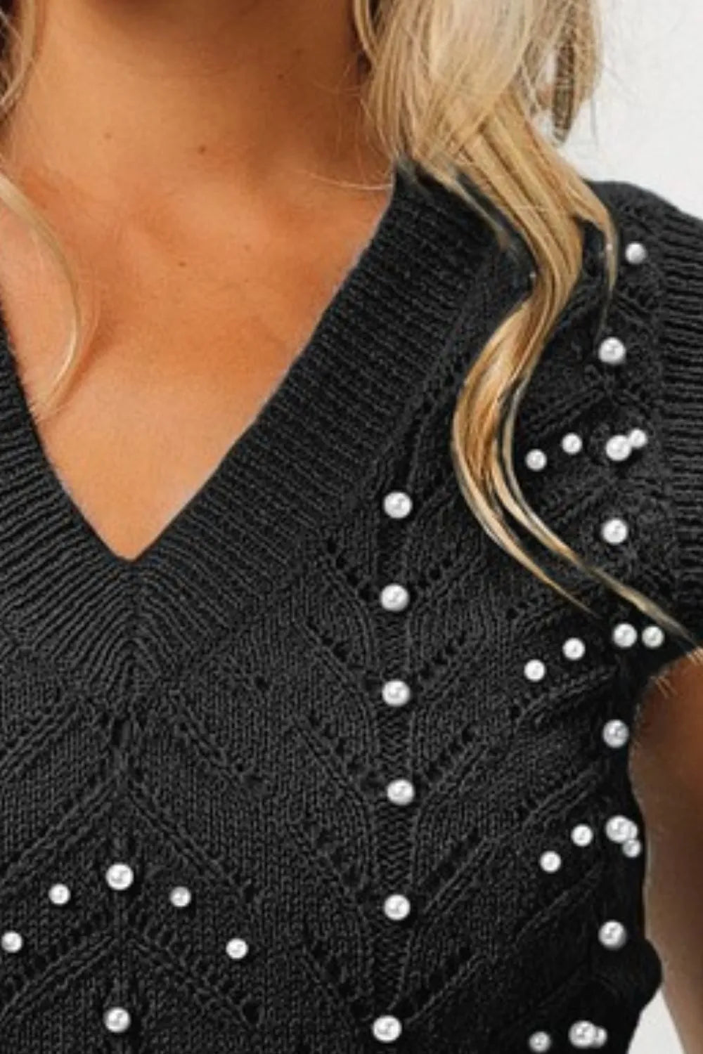 Black Chevron Pointelle Pearl Knit Top - Tigbul's Variety Fashion Shop