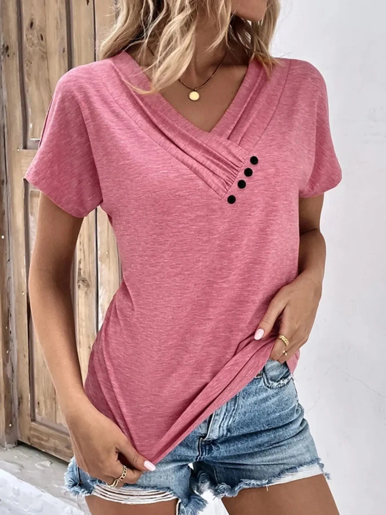 Decor Button Short Sleeve T-Shirt - Tigbul's Variety Fashion Shop