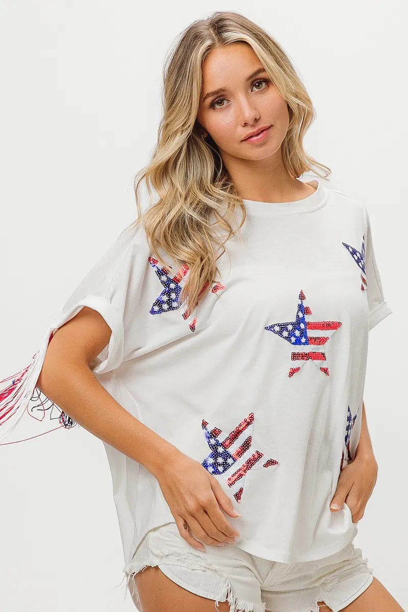 American Flag Sequin Star Fringe Top - Tigbul's Variety Fashion Shop