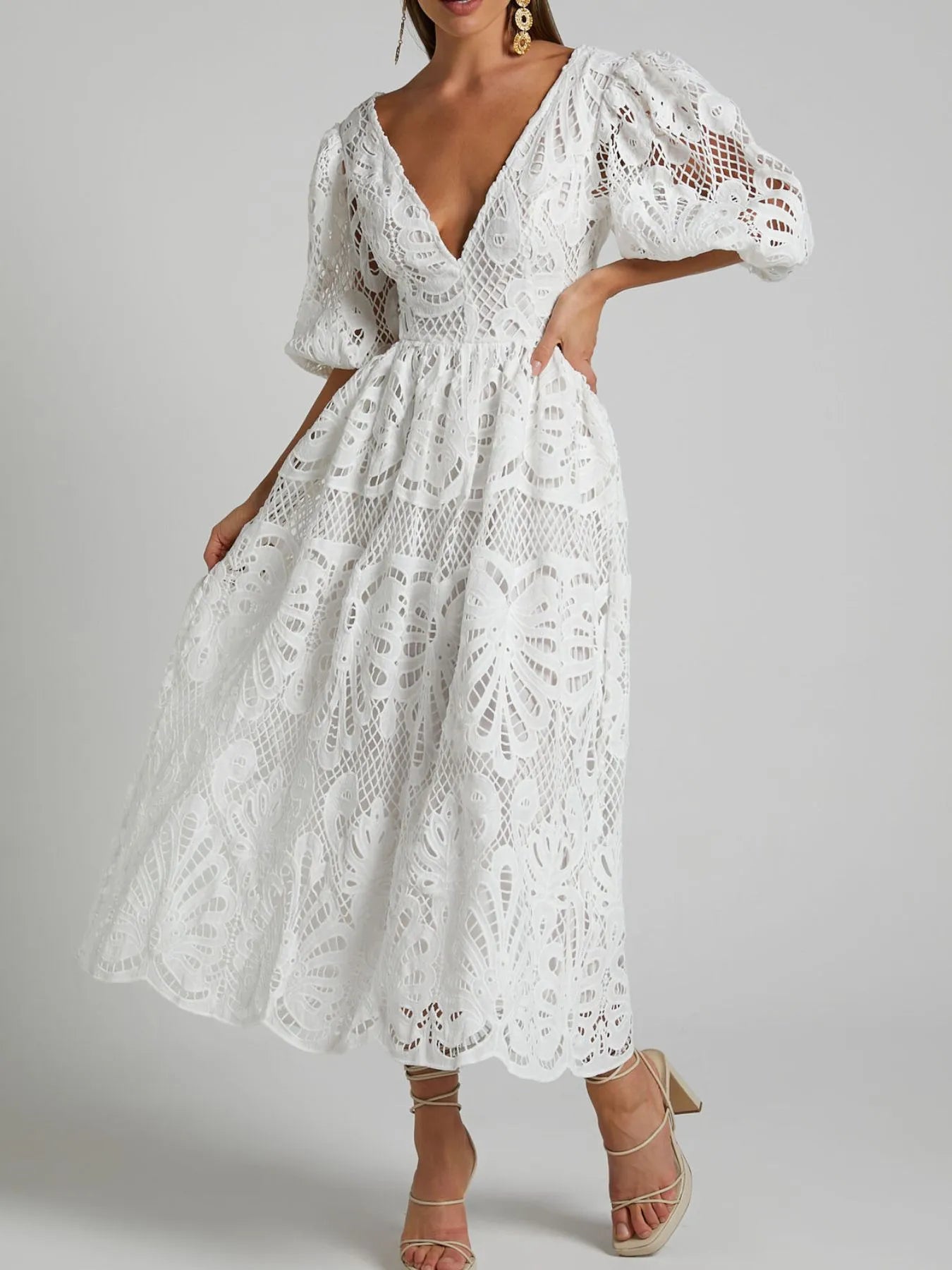 Cutout Back Lace Crochet V-Neck Dress - Tigbul's Variety Fashion Shop
