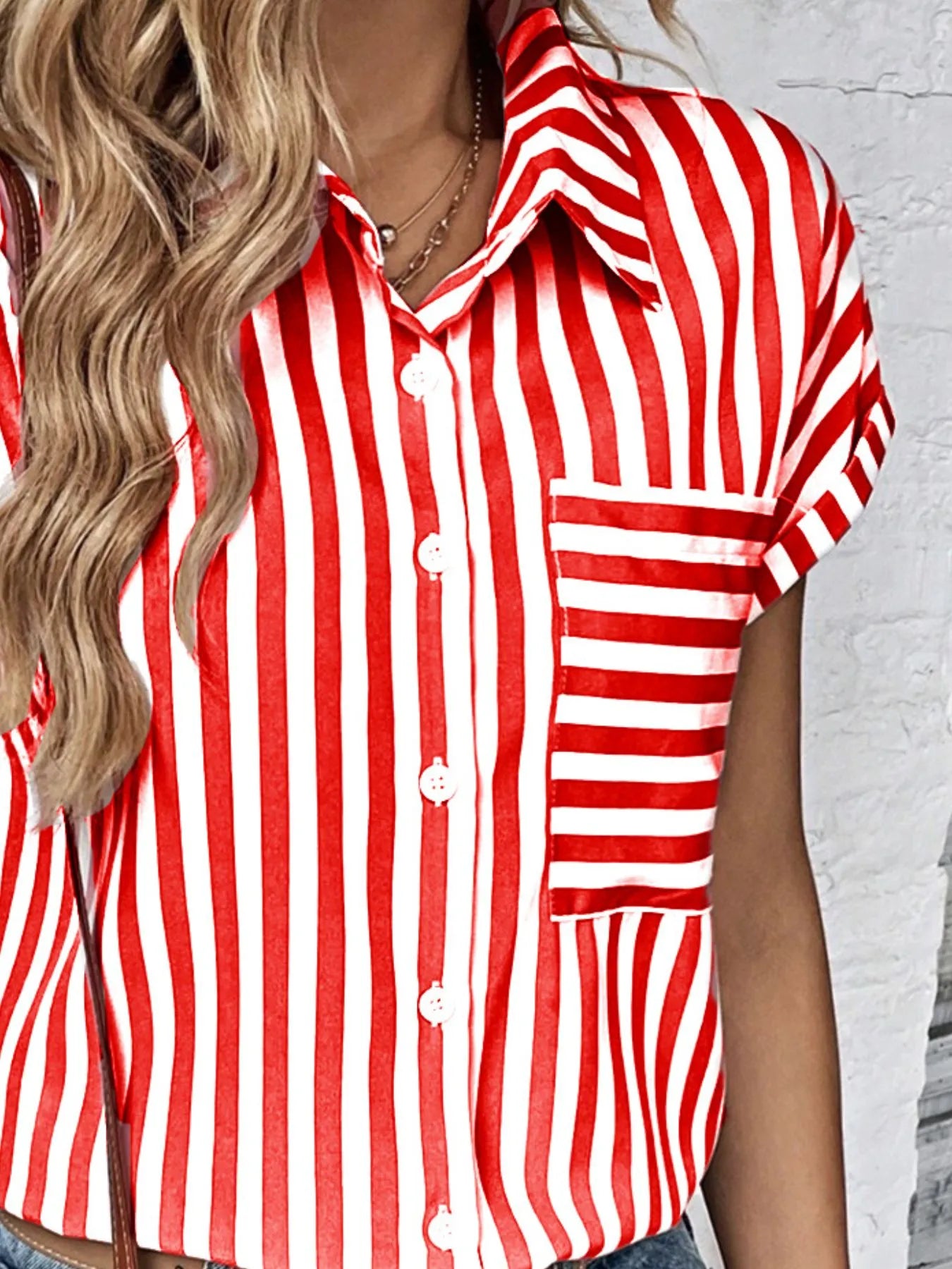 Striped Button-Up Short Sleeve Shirt with Pocket - Tigbul's Variety Fashion Shop