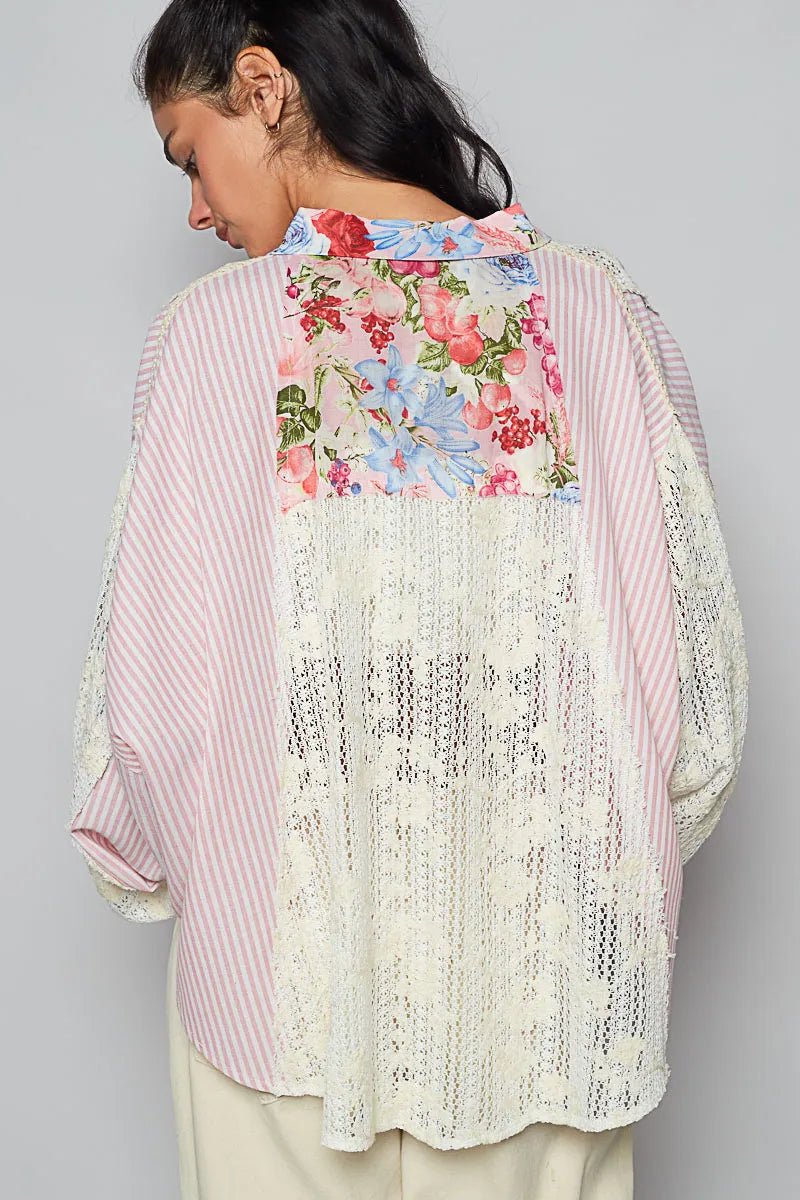 POL Lace Long Sleeve Shirt with Floral and Striped Pattern - Tigbul's Variety Fashion Shop