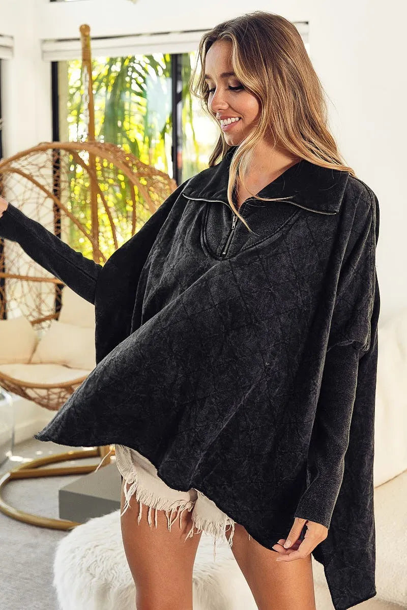 BiBi Vintage Washed Quilted Half Zip Top - Tigbul's Variety Fashion Shop