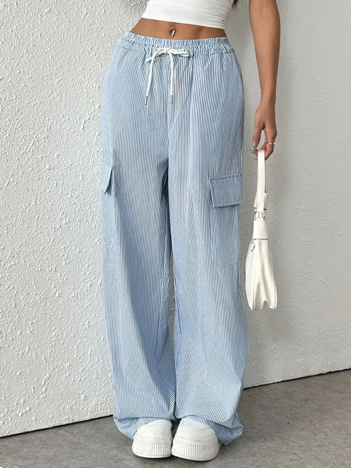 Blue Drawstring Striped Wide Leg Cargo Pants - Tigbul's Variety Fashion Shop