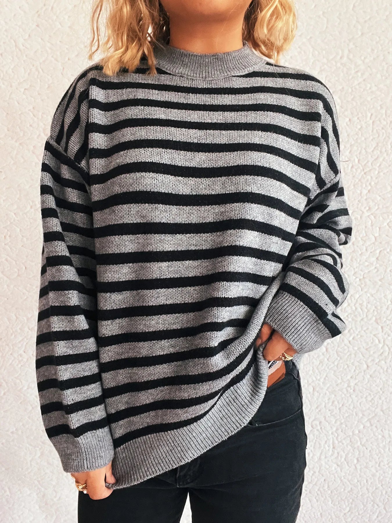 Striped Mock Neck Long Sleeve Sweater - Tigbul's Variety Fashion Shop