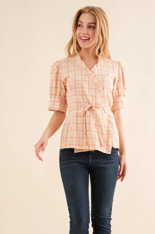Plaid Patterned and Ruffled Wrap Blouse Top - Tigbul's Variety Fashion Shop