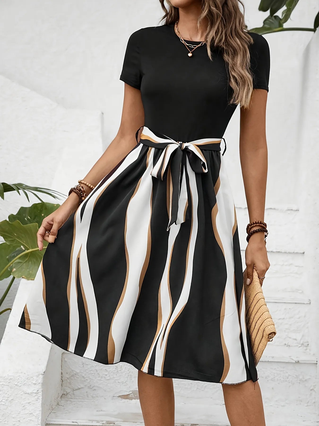 Striped Short Sleeve Tie Waist Dress - Tigbul's Variety Fashion Shop