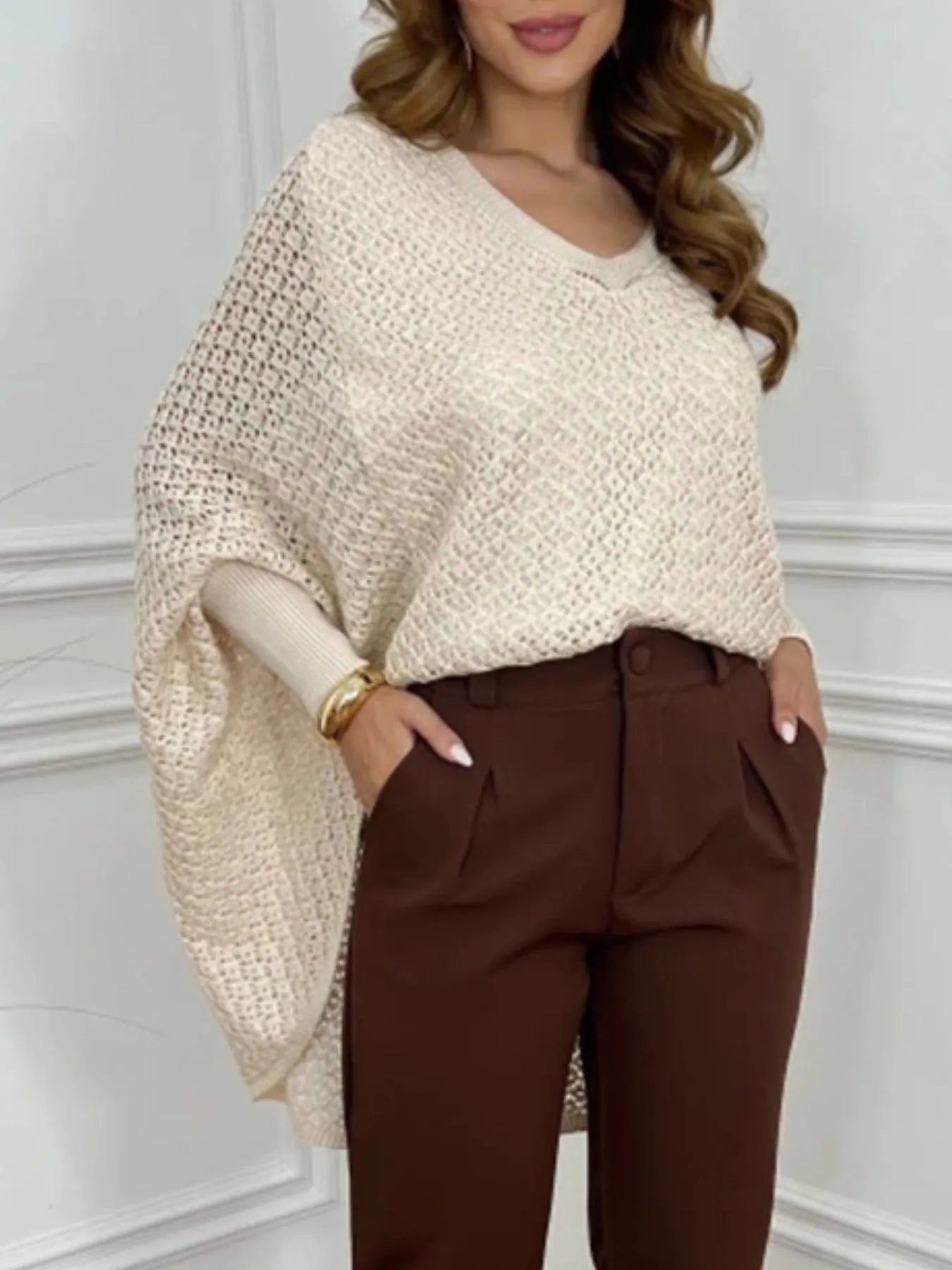 Crochet V-Neck Batwing Sleeves Oversized Sweater - Tigbul's Variety Fashion Shop