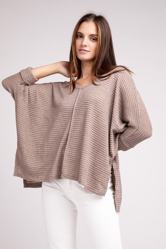 3/4 Sleeve V-Neck Hi-Low Hem Jacquard Sweater - Tigbul's Variety Fashion Shop