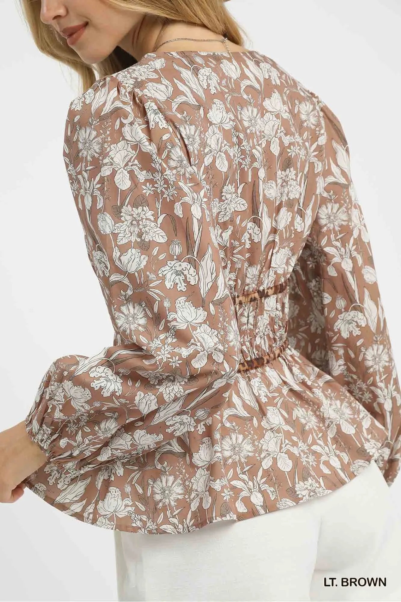 Umgee Floral Smocked Peplum Blouse with Tie Detail - Tigbul's Variety Fashion Shop