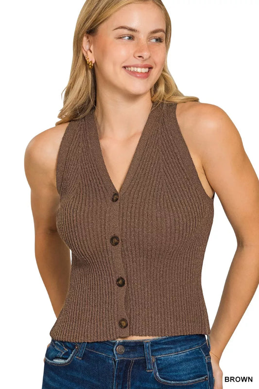 Zenana Ribbed Knit Button-Down Sweater Vest - Tigbul's Variety Fashion Shop