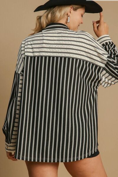 Black Pointelle Stripped Half Button Collared Neck Top - Tigbul's Variety Fashion Shop