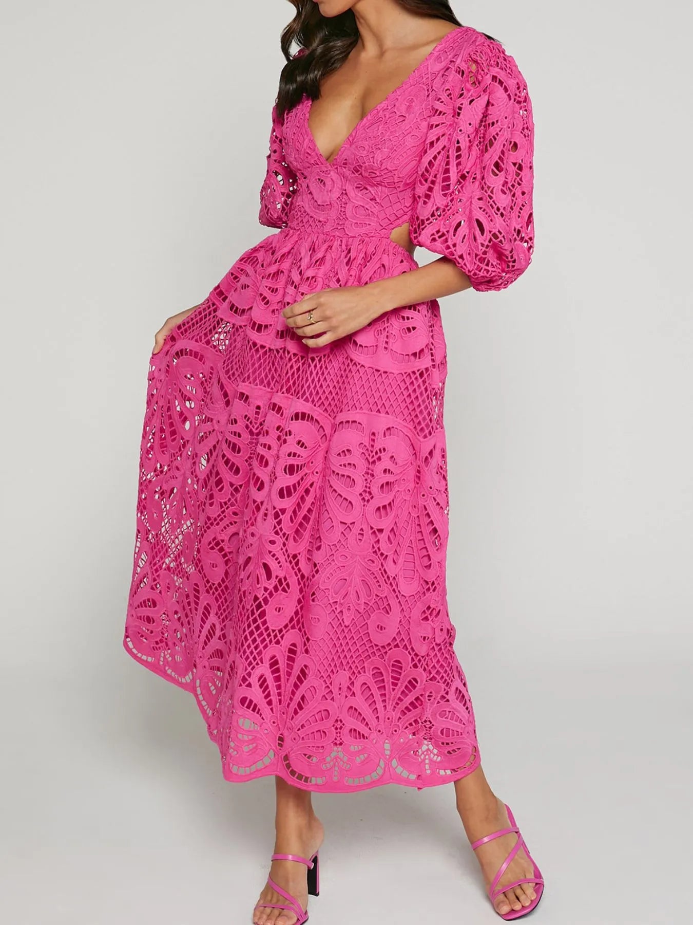 Cutout Back Lace Crochet V-Neck Dress - Tigbul's Variety Fashion Shop