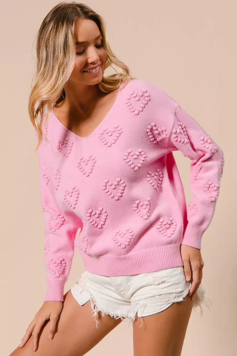 BiBi Valentines Heart Pompom V Neck Knit Top - Tigbul's Variety Fashion Shop