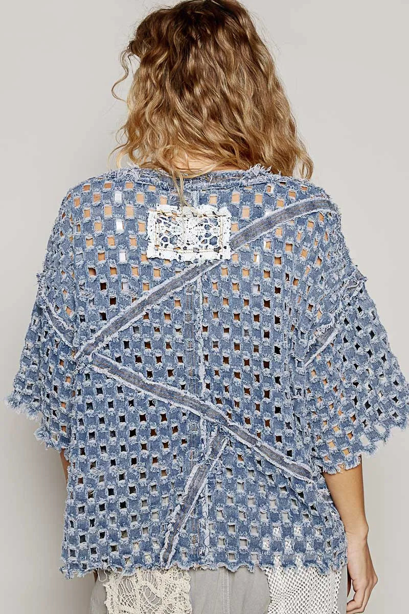 POL V-Neck Short Sleeve Top with Laser Cut Detail - Tigbul's Variety Fashion Shop
