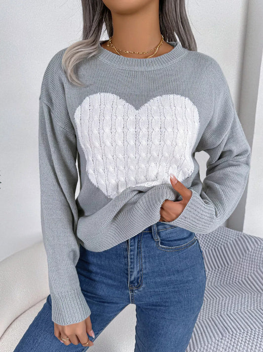 Cable Knit Heart Round Neck Sweater - Tigbul's Variety Fashion Shop