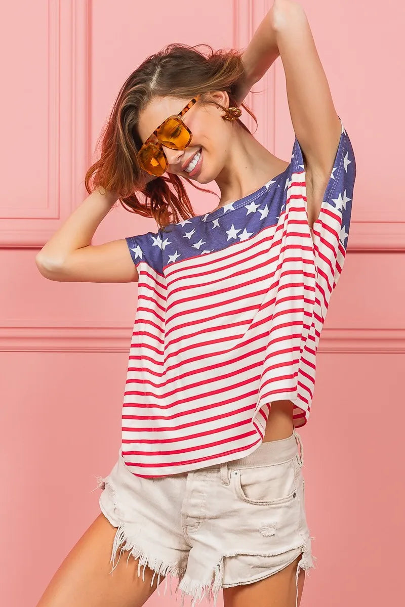 Star Rpinted with Stripe Combo Top - Tigbul's Variety Fashion Shop