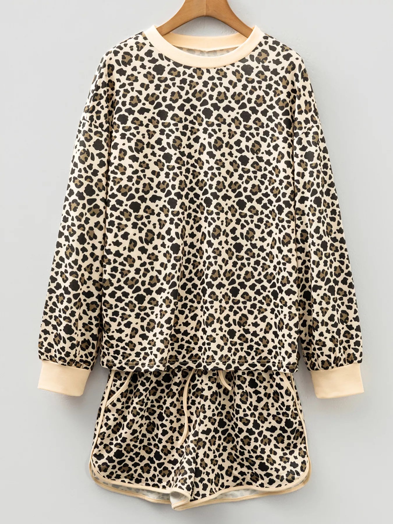 Leopard Print Contrast Trim Long Sleeve Pullover and Drawstring Shorts 2pcs Outfit - Tigbul's Variety Fashion Shop