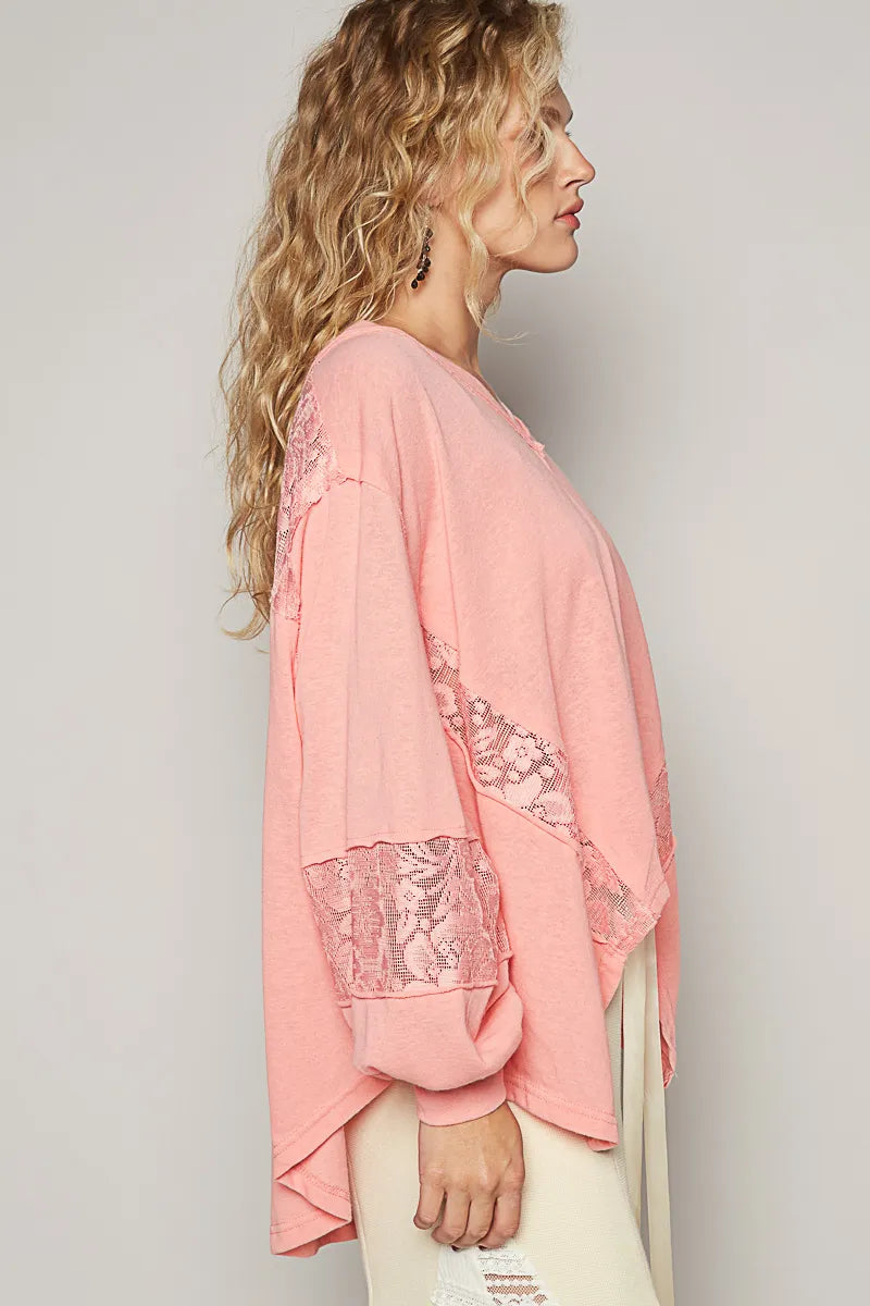 POL V-Neck Long Sleeve T-Shirt with Lace Detail - Tigbul's Variety Fashion Shop