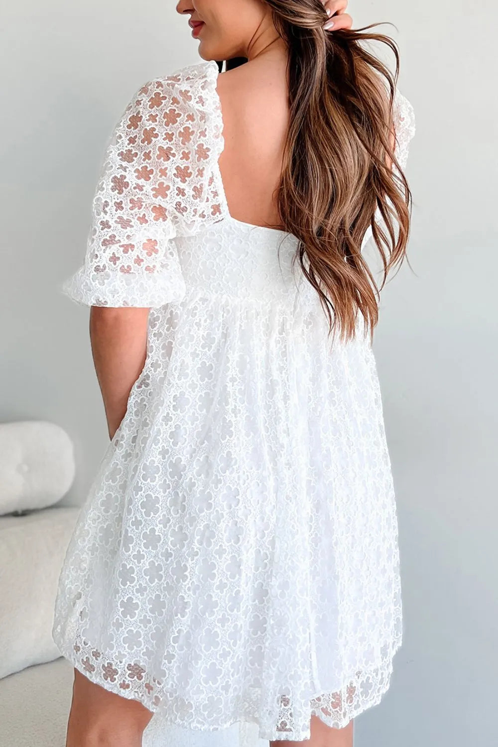 Lace Puff Sleeve Empire Waist Mini Dress - Tigbul's Variety Fashion Shop
