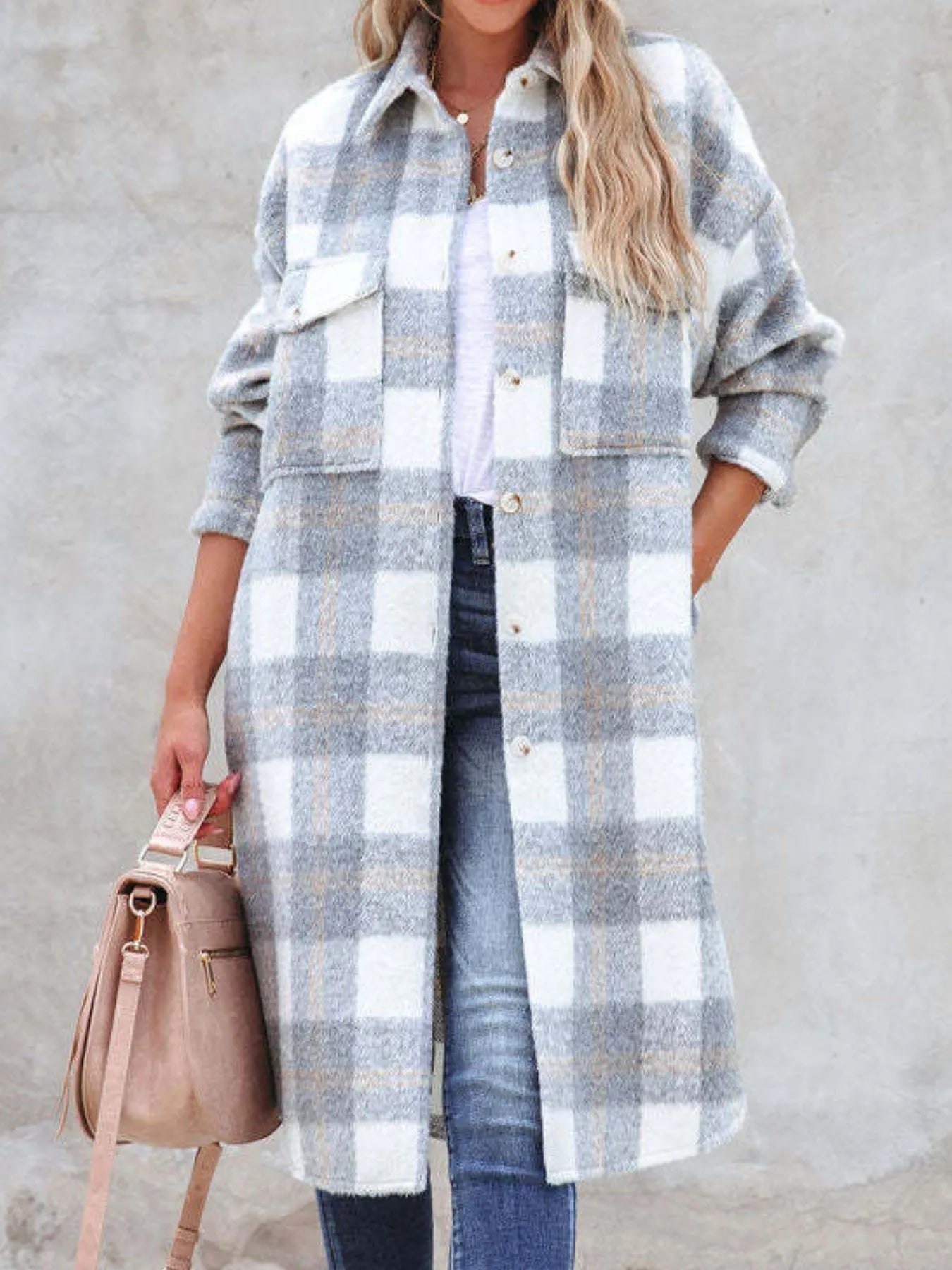 Oversized Plaid Button Up Longline Jacket - Tigbul's Variety Fashion Shop