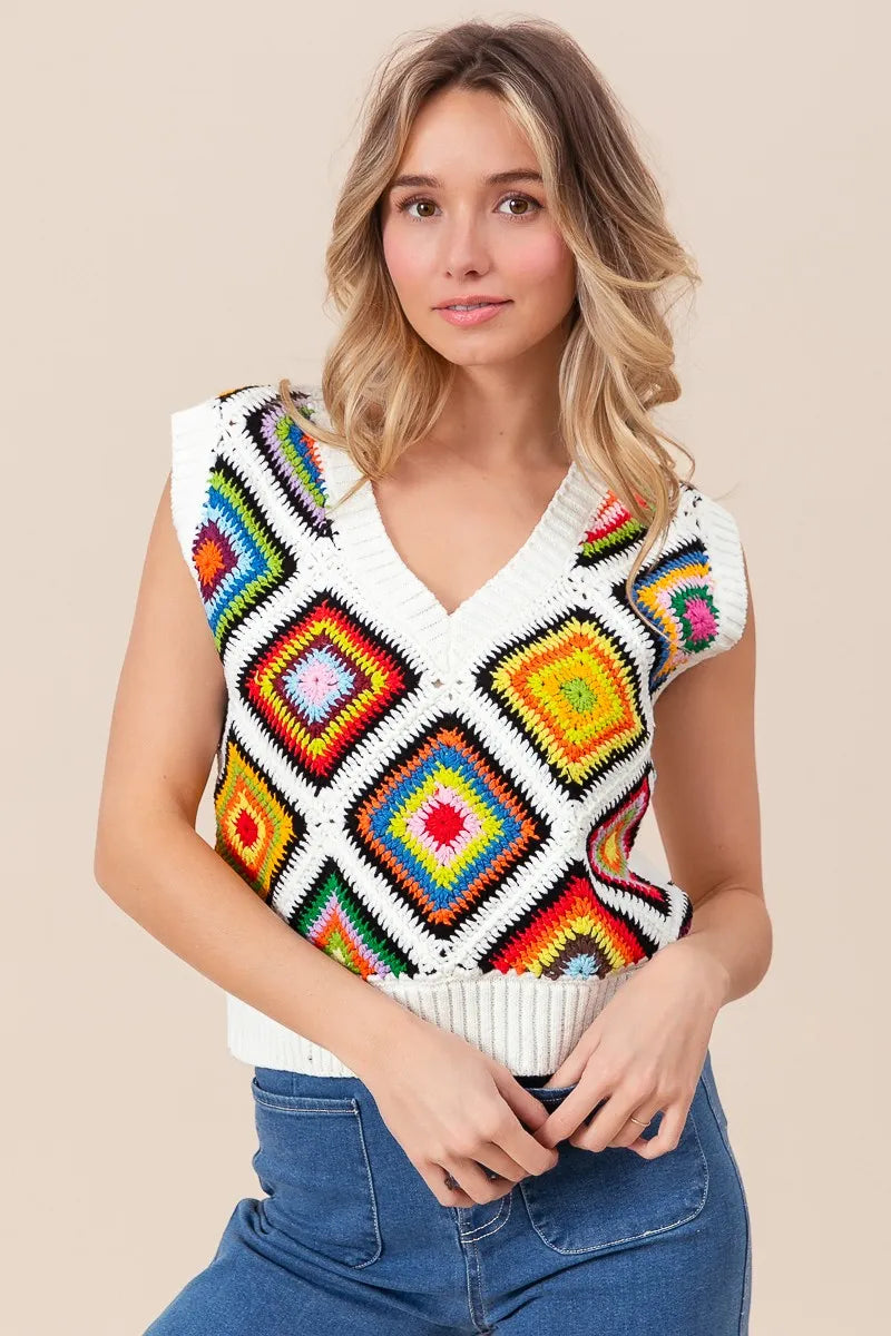 BiBi Diamond Granny Square Sweater Vest - Tigbul's Variety Fashion Shop