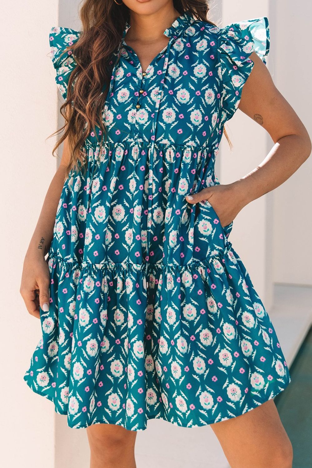 Printed Tie Neck Ruffled Cap Sleeve Dress - Tigbul's Variety Fashion Shop