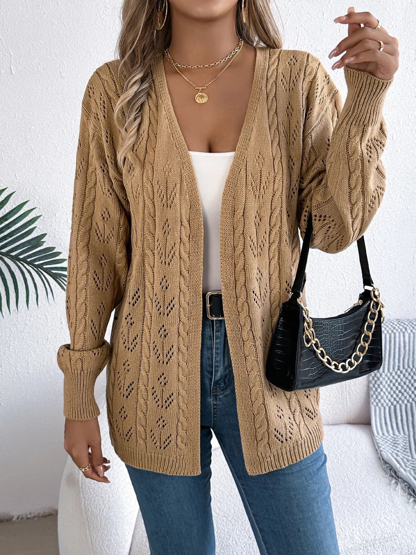 Openwork Open Front Long Sleeve Cardigan - Tigbul's Variety Fashion Shop