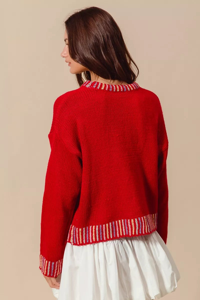 SO ME Merry Lettering Embroidered Christmas Sweater - Tigbul's Variety Fashion Shop
